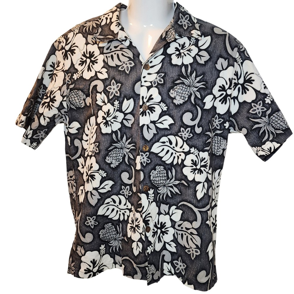 Vintage Howie Hawaiian Shirt Men's L Black White Hibiscus Pineapple Made Hawaii